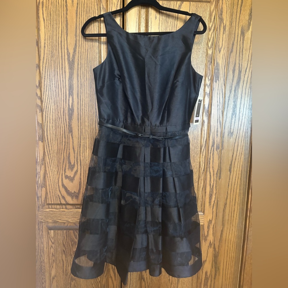 Sleeveless Black Midi Dress with Sheer Tiered Skirt